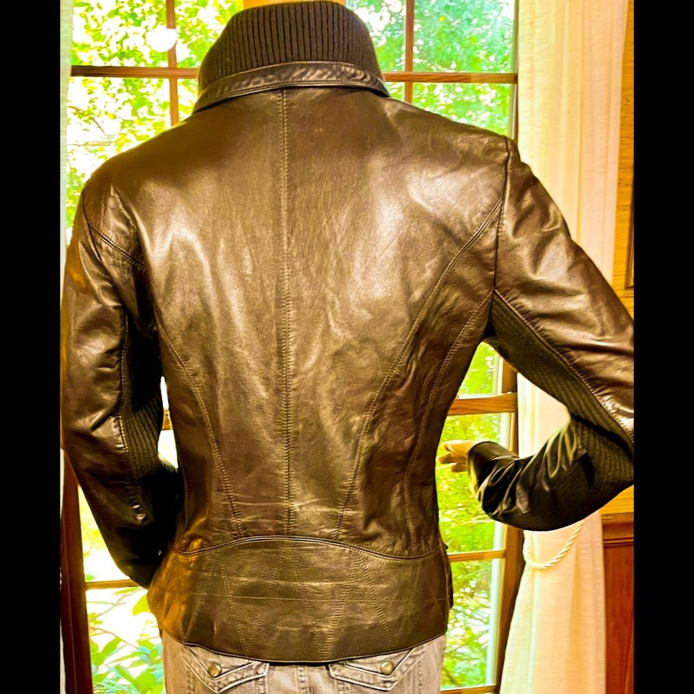 ⭐️HP⭐️COLE HAAN▪️Deep Brown Lambskin Leather & Wool Convertible Collar Jacket - Picture 2 of 16